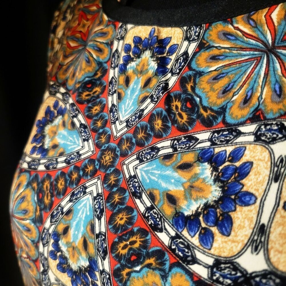 One Clothing 70s Retro Blue Multi-Colored Patterned Round Neck Dress - Size S - Picture 4 of 14
